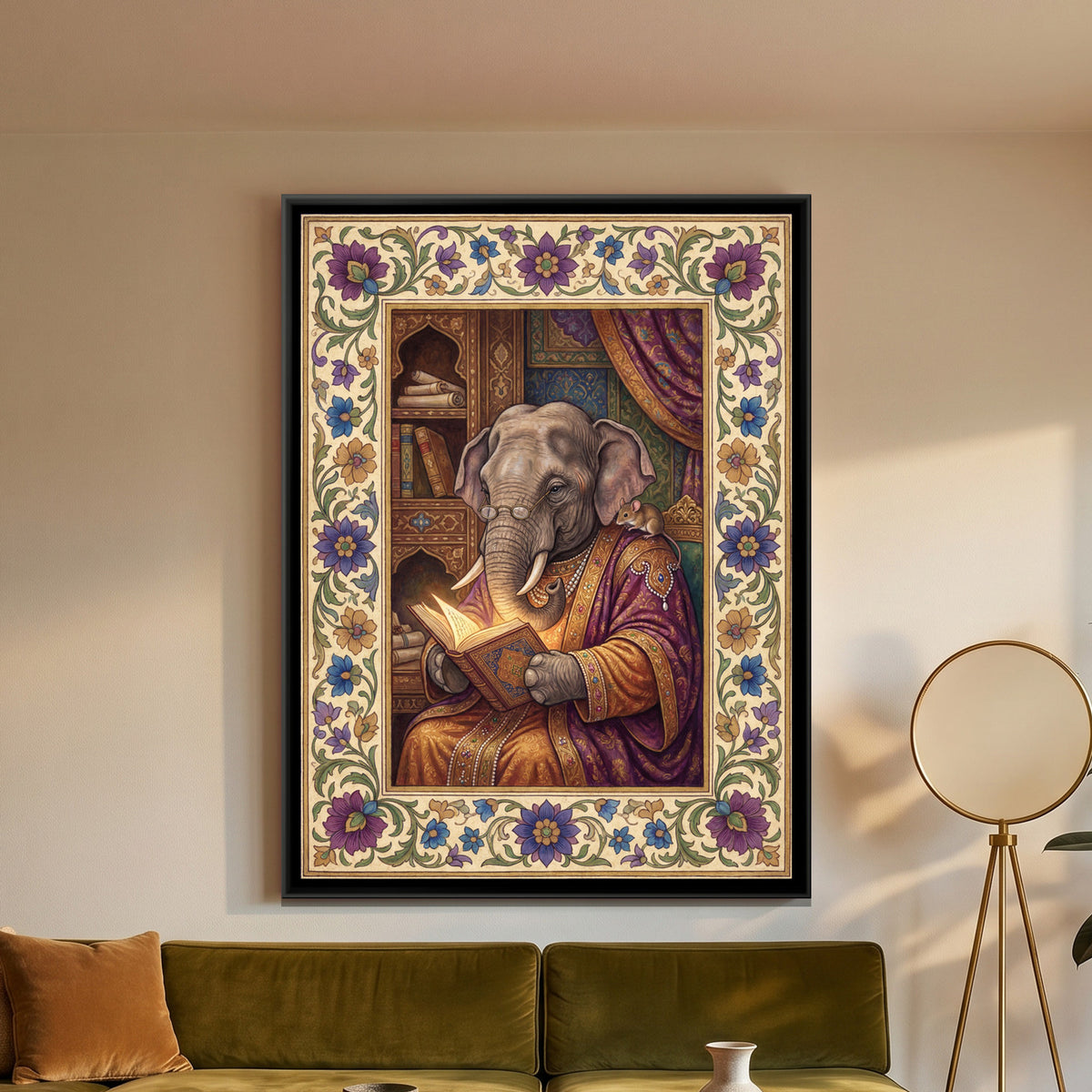 Mughal Elephant Reading — framed canvas art hung on a wall