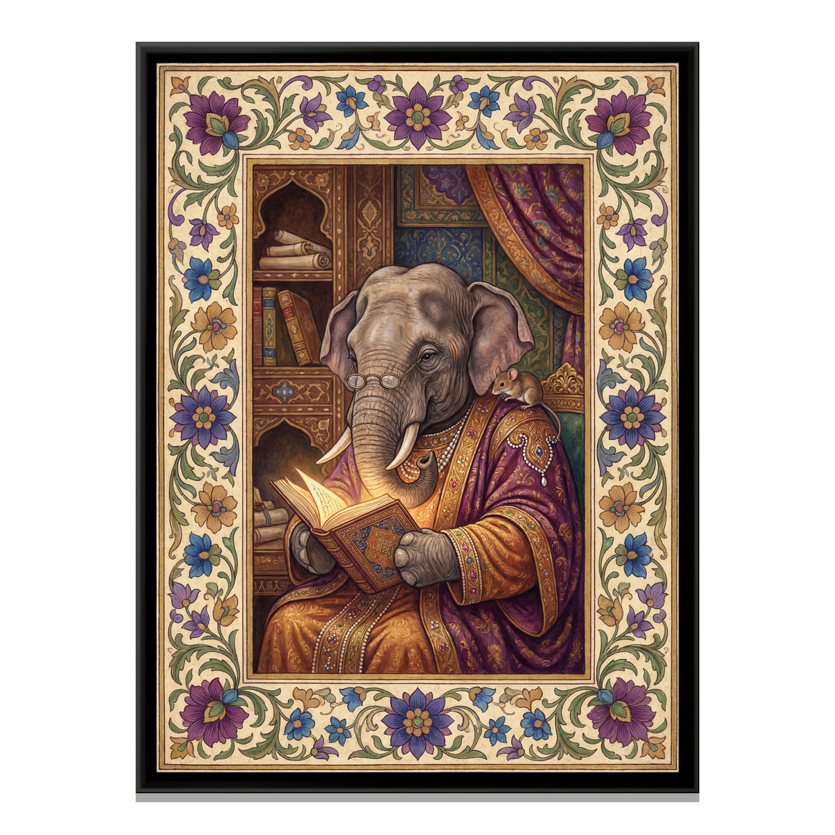 Mughal Elephant Reading — framed canvas print, front view