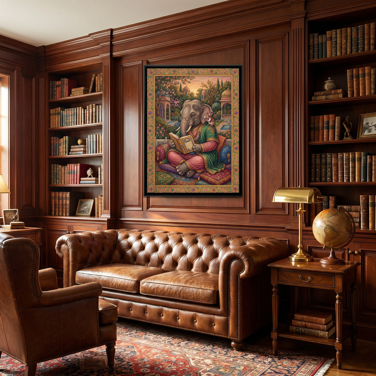 Mughal Elephant Reading — canvas art shown in a second room setting