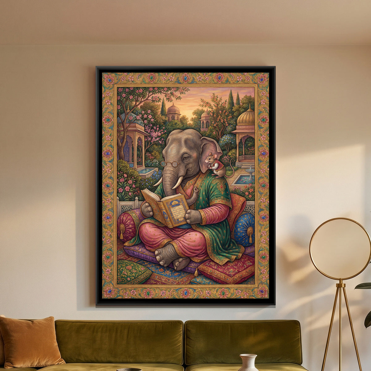 Mughal Elephant Reading — framed canvas art hung on a wall