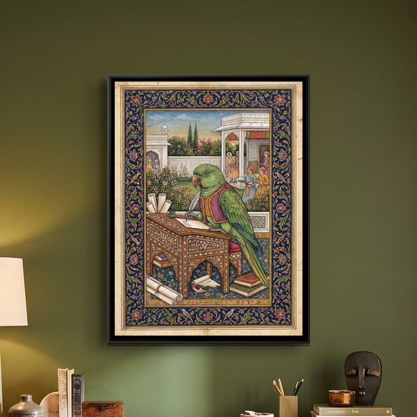 Mughal Parrot — framed canvas art hung on a wall