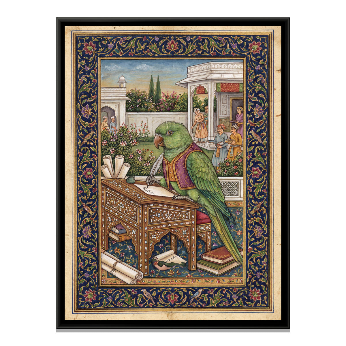 Mughal Parrot — framed canvas print, front view