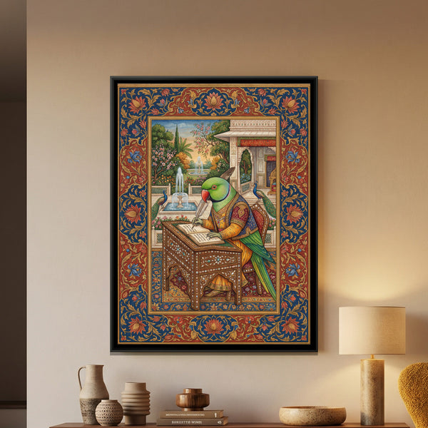 Mughal Parrot — framed canvas art hung on a wall