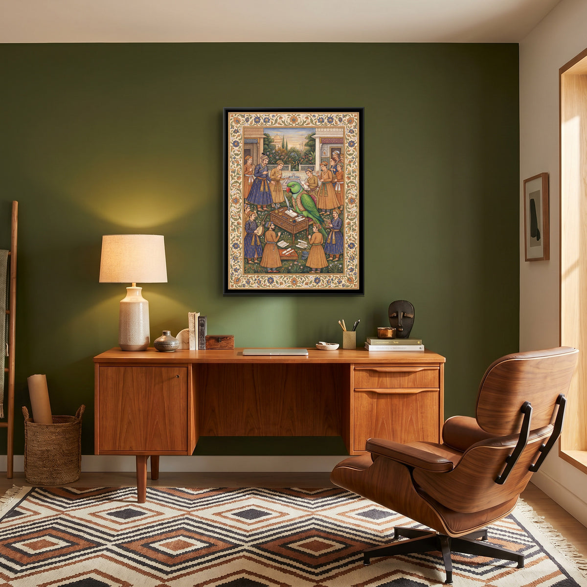 Mughal Parrot — canvas art shown in a styled room