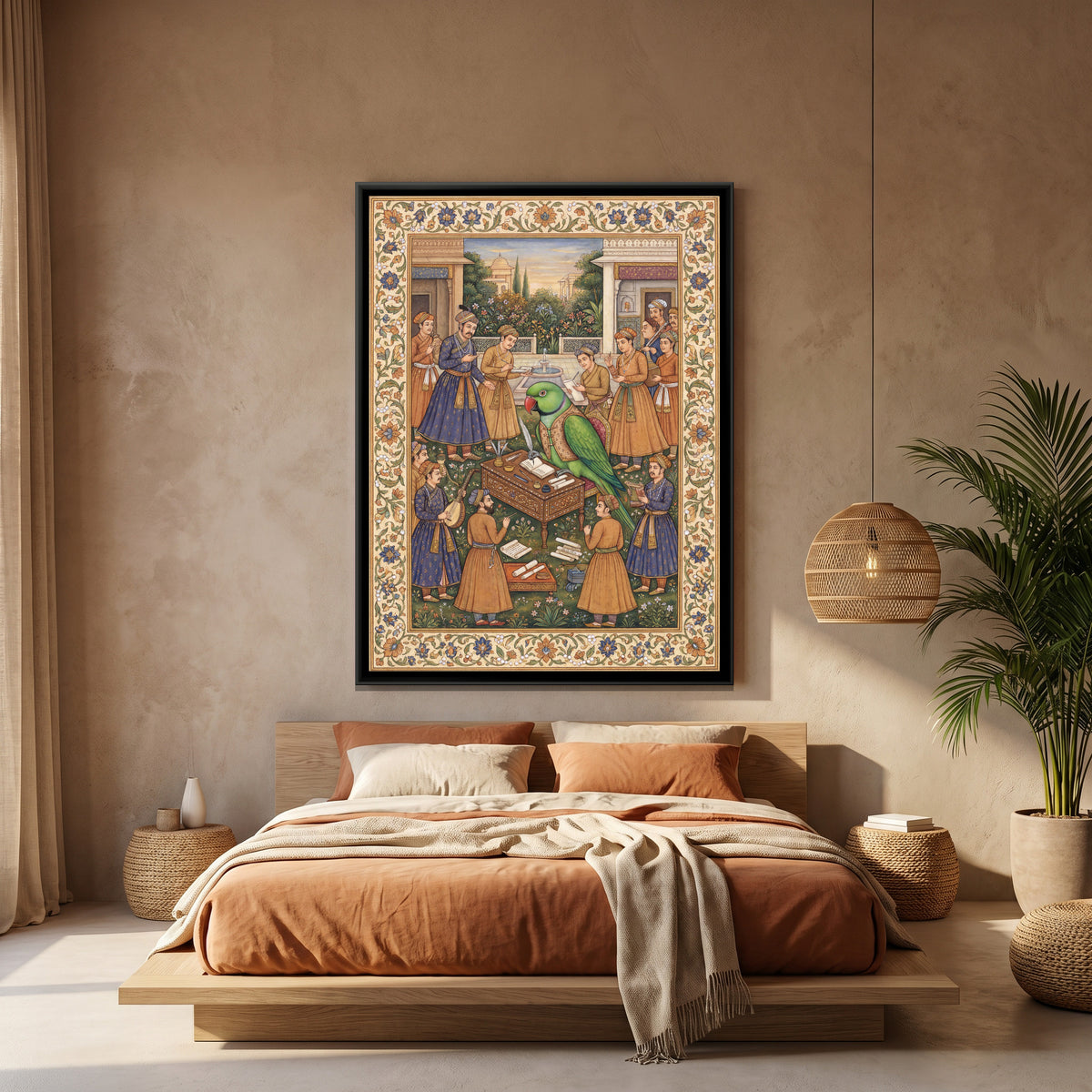 Mughal Parrot — canvas art shown in a second room setting