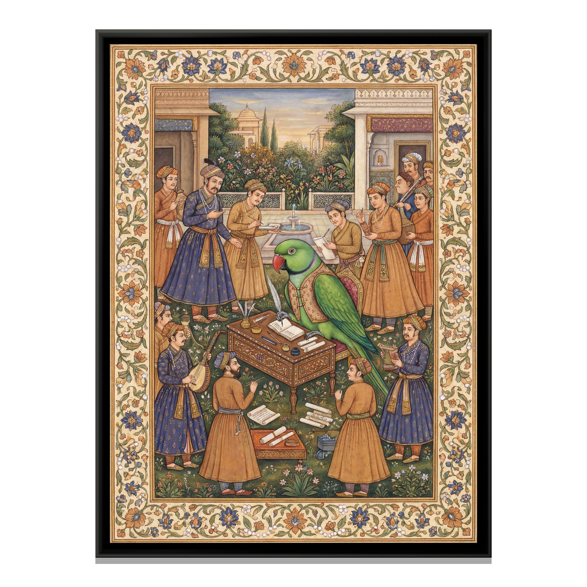 Mughal Parrot — framed canvas print, front view