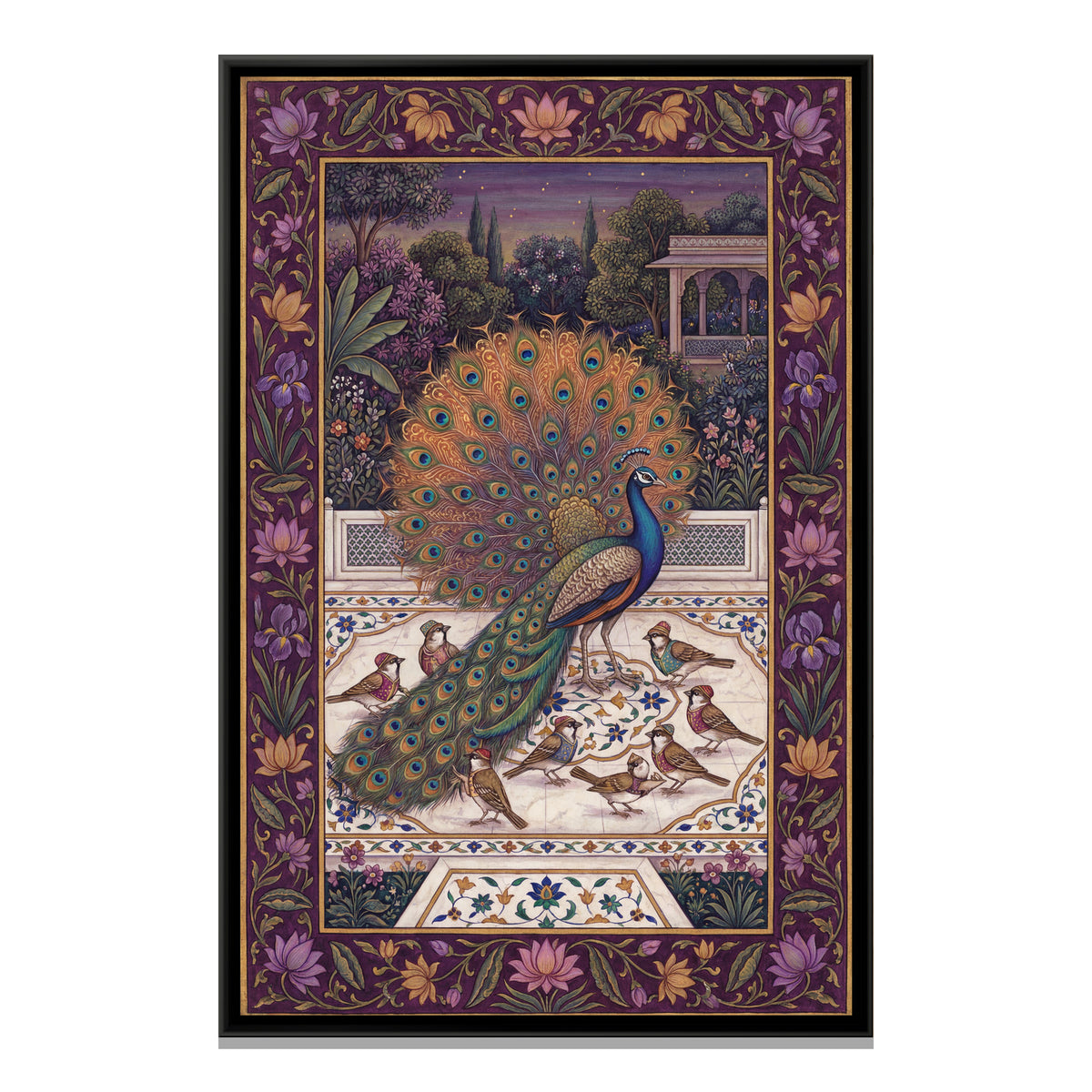 Mughal Peacock — framed canvas print, front view