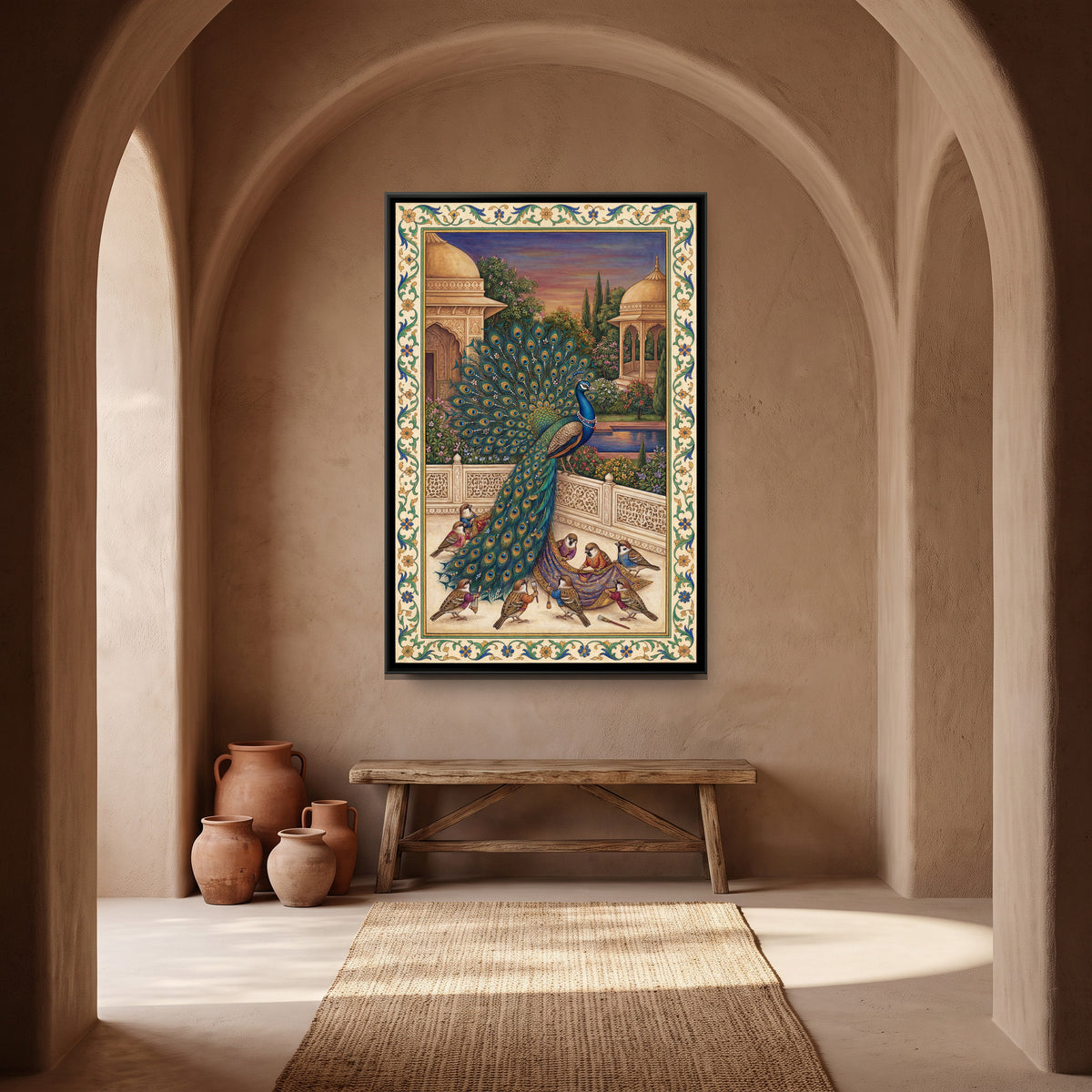 Mughal Peacock — canvas art shown in a styled room