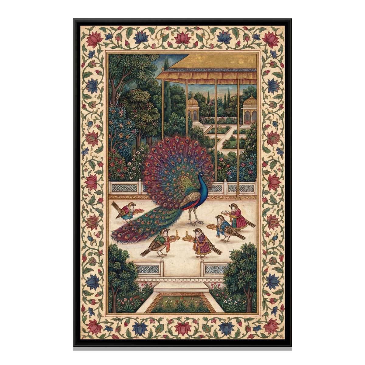 Mughal Peacock — framed canvas print, front view