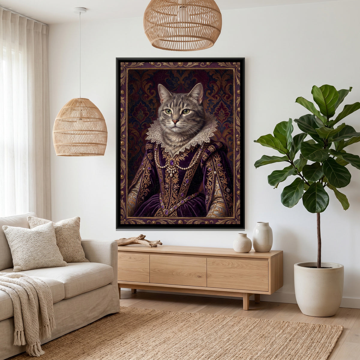 Renaissance Cat Portrait — canvas art shown in a styled room