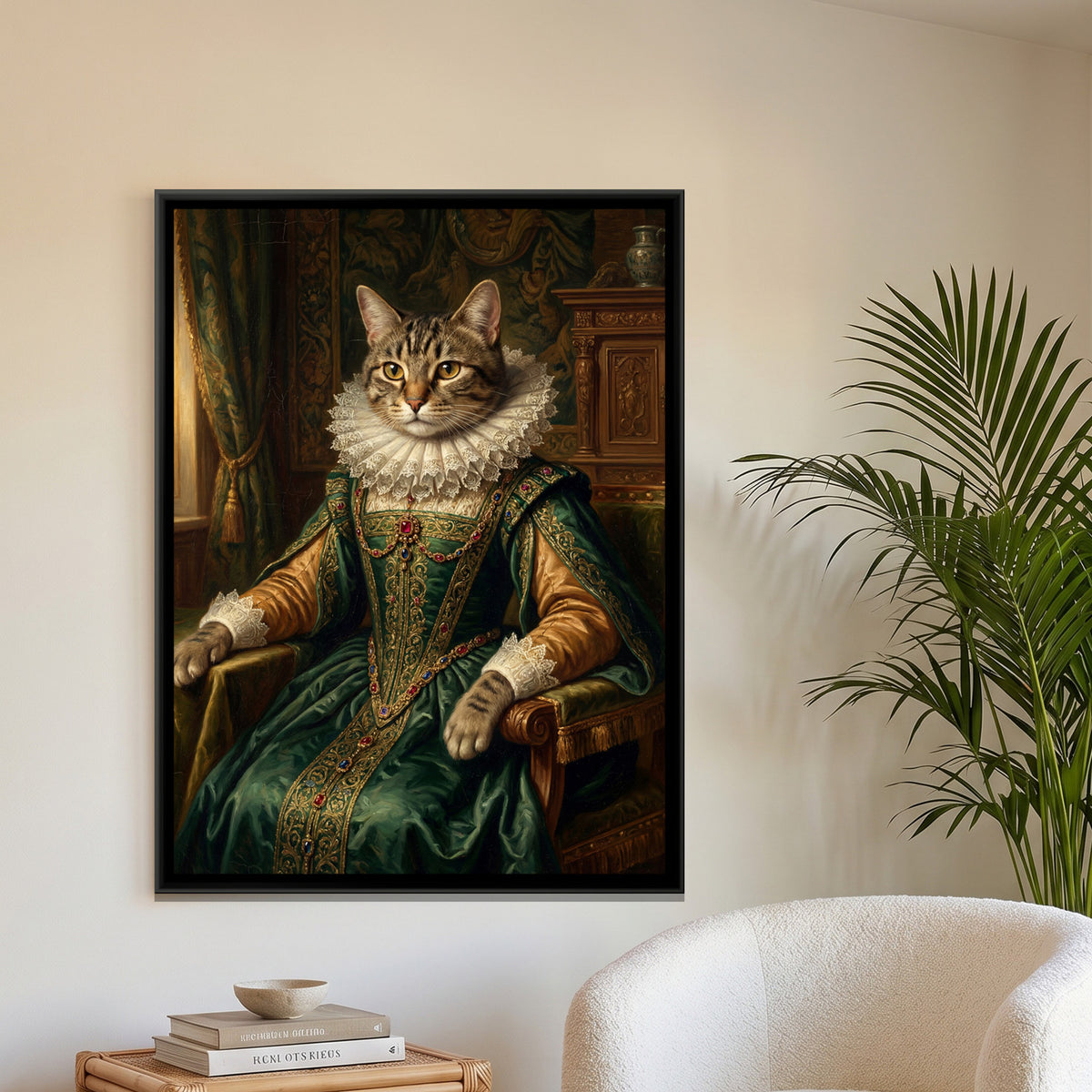Renaissance Cat Portrait — framed canvas art hung on a wall