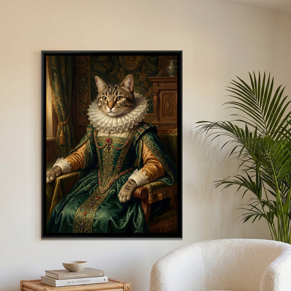Renaissance Cat Portrait — framed canvas art hung on a wall