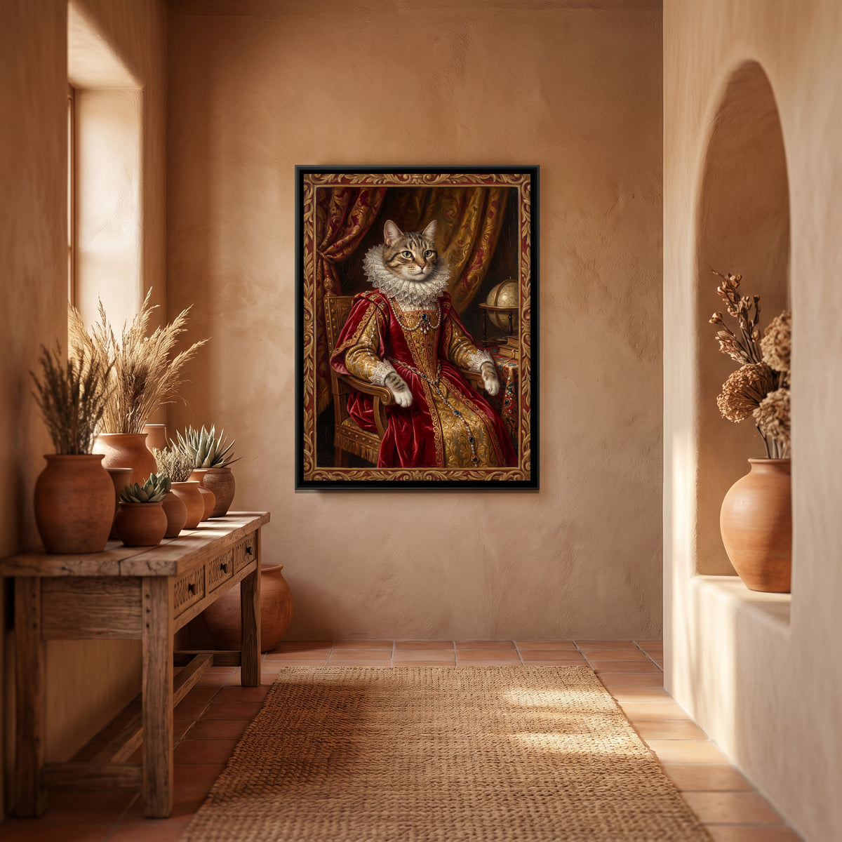 Renaissance Cat Portrait — canvas art shown in a styled room