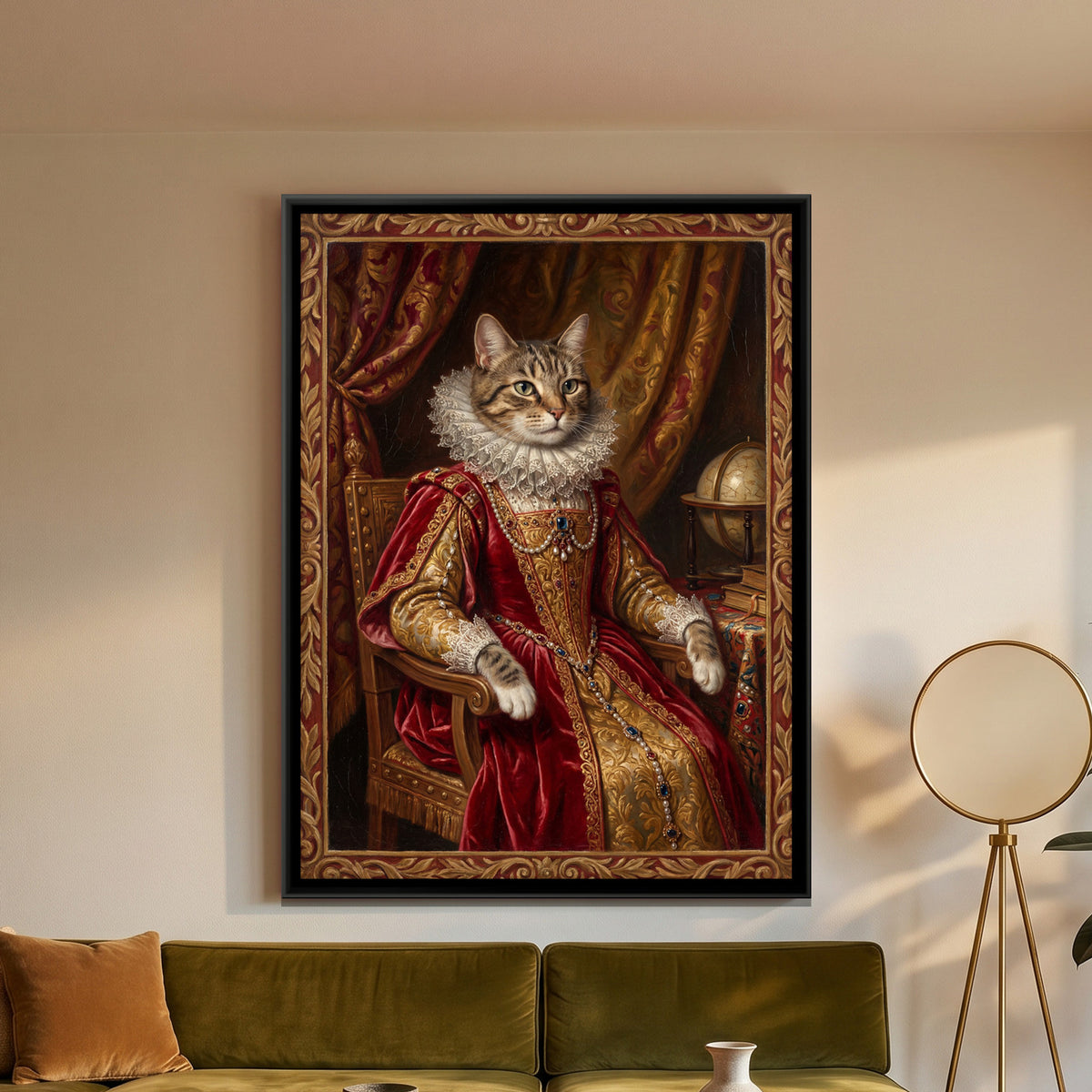 Renaissance Cat Portrait — framed canvas art hung on a wall