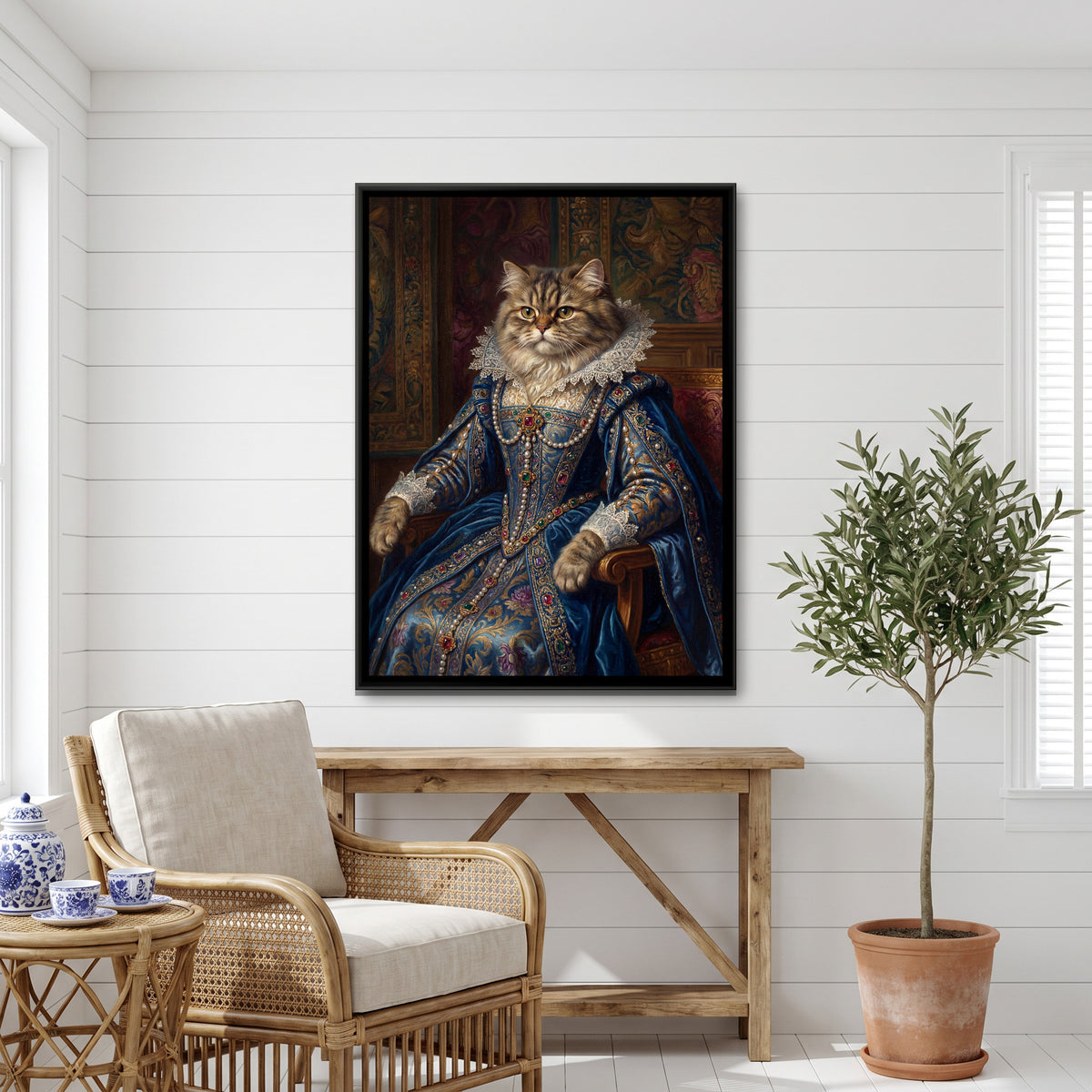 Renaissance Cat Portrait — canvas art shown in a styled room