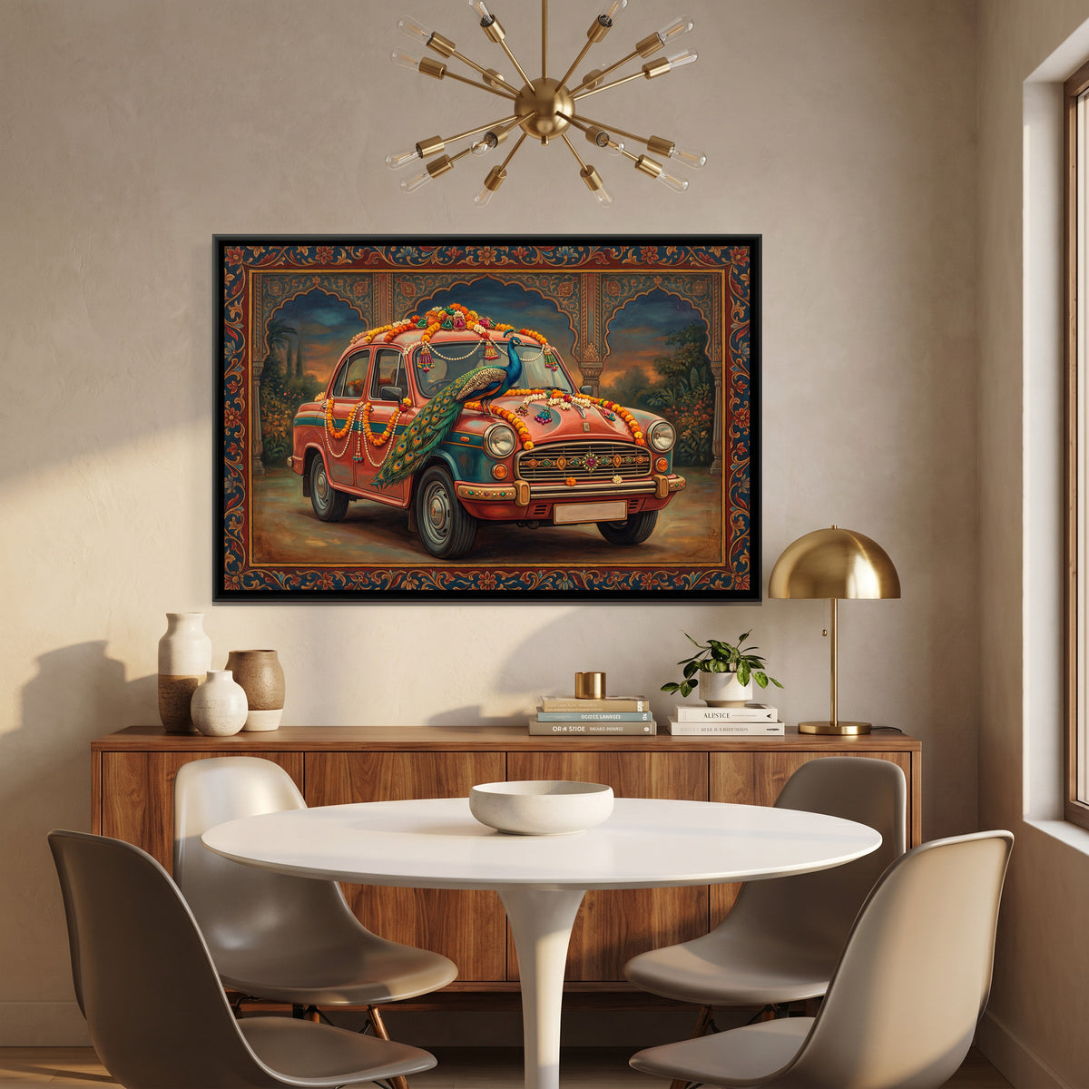 Vintage Car with Peacock — canvas art shown in a styled room