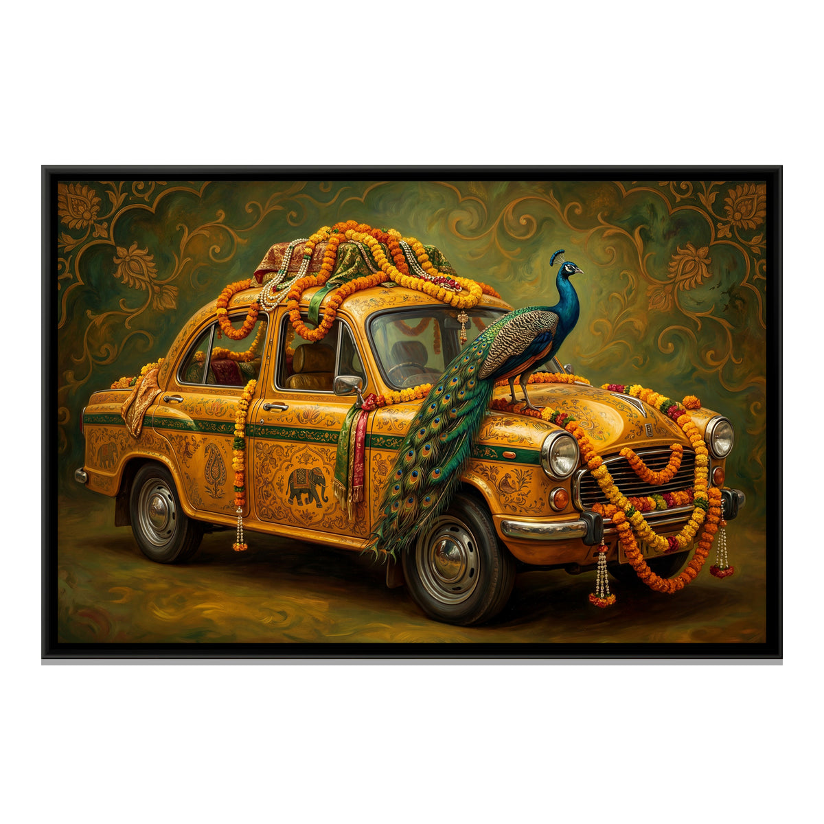 Vintage Car with Peacock — framed canvas print, front view