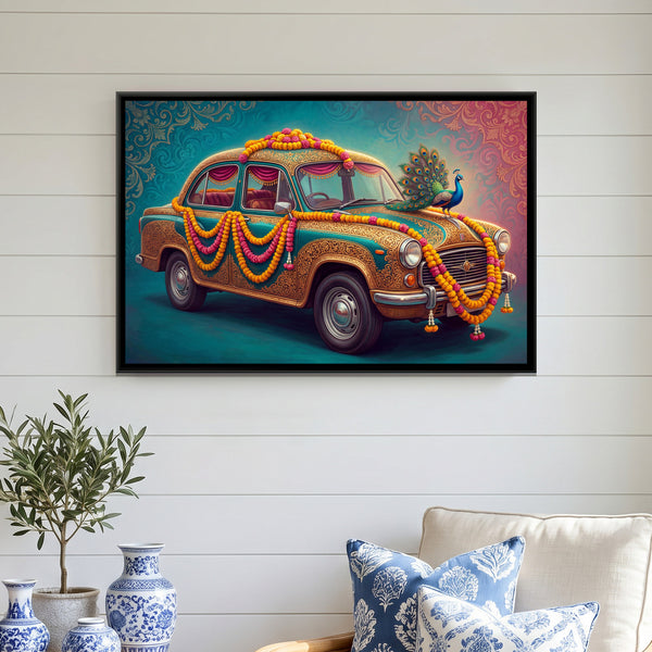 Vintage Car with Peacock — framed canvas art hung on a wall
