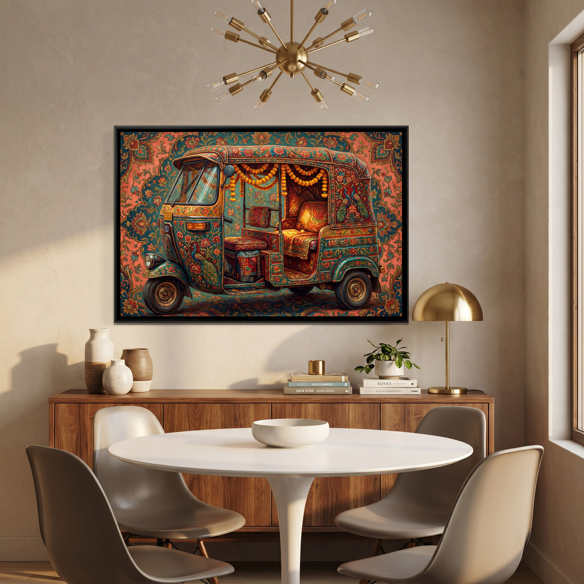 Decorated Auto Rickshaw — canvas art shown in a styled room