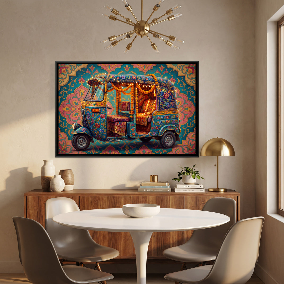 Decorated Auto Rickshaw — canvas art shown in a styled room