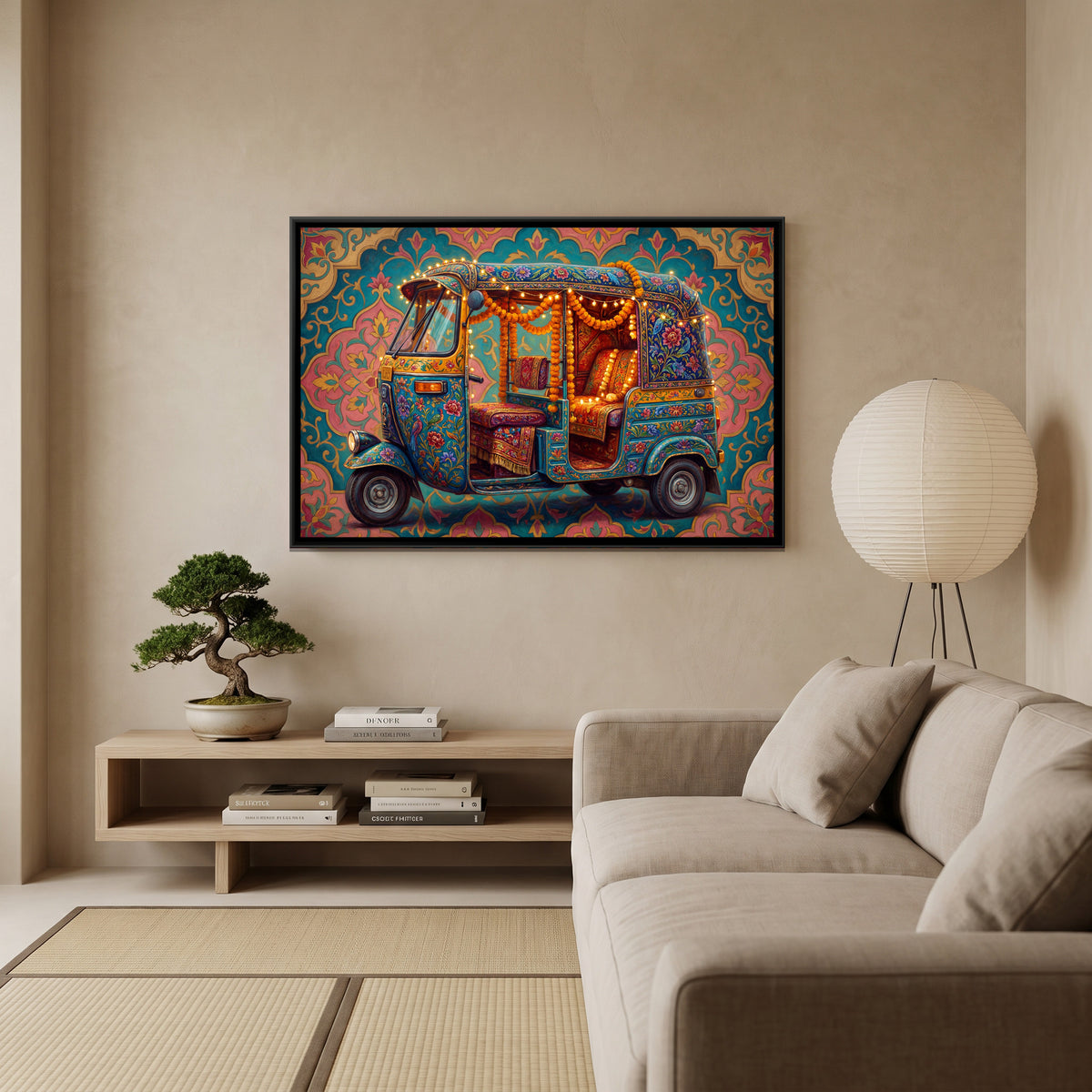 Decorated Auto Rickshaw — canvas art shown in a second room setting