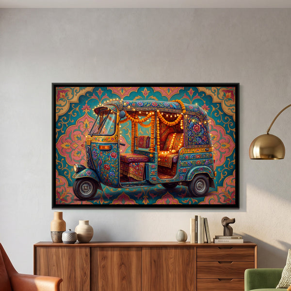 Decorated Auto Rickshaw — framed canvas art hung on a wall