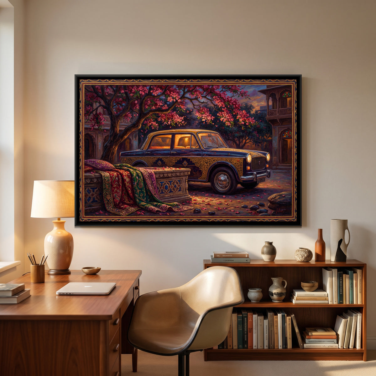Vintage Taxi — canvas art shown in a second room setting
