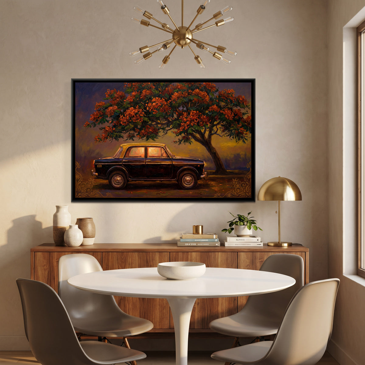 Vintage Taxi — canvas art shown in a second room setting